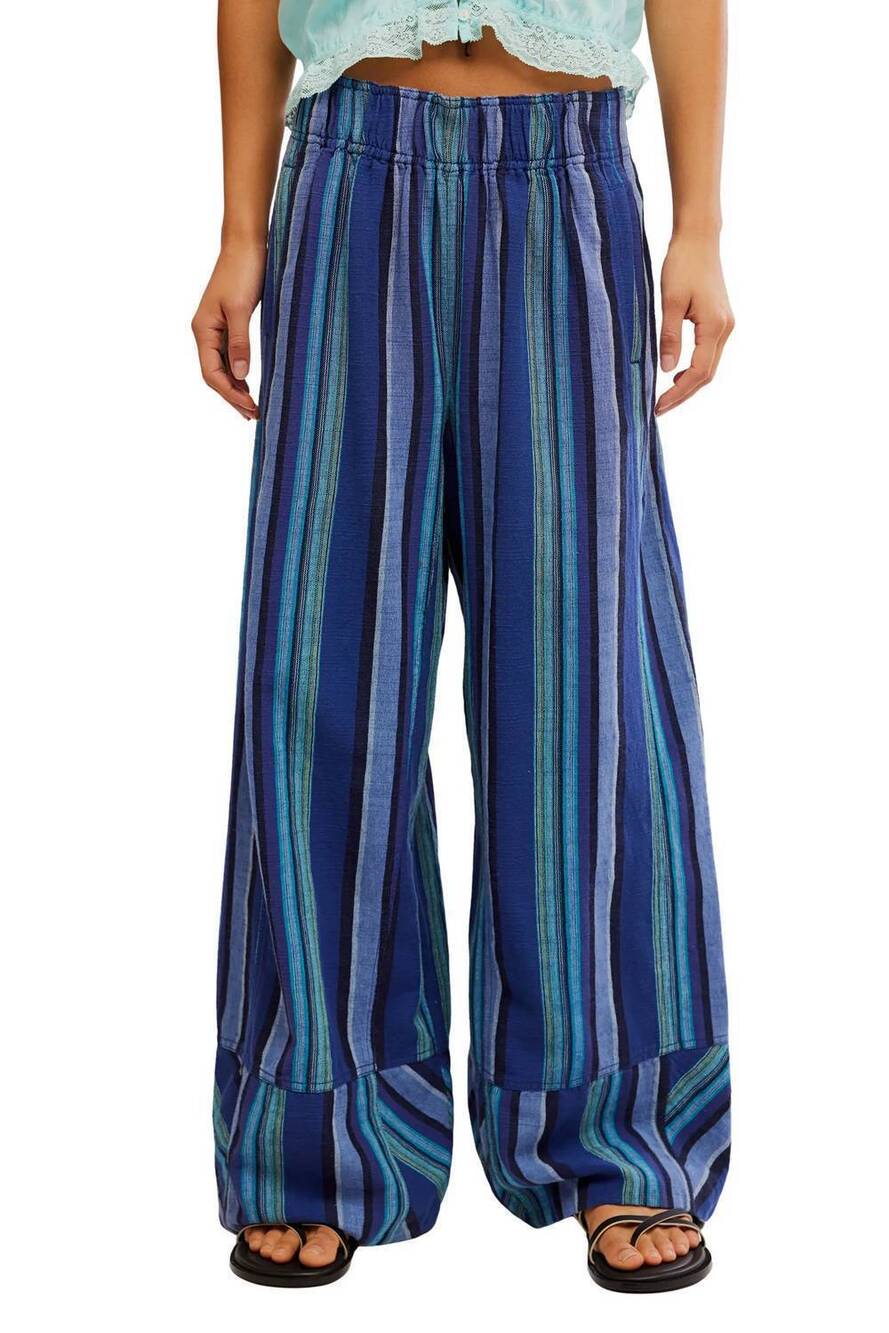 NEW FREE PEOPLE day's end linen striped pull-on pants in navy combo